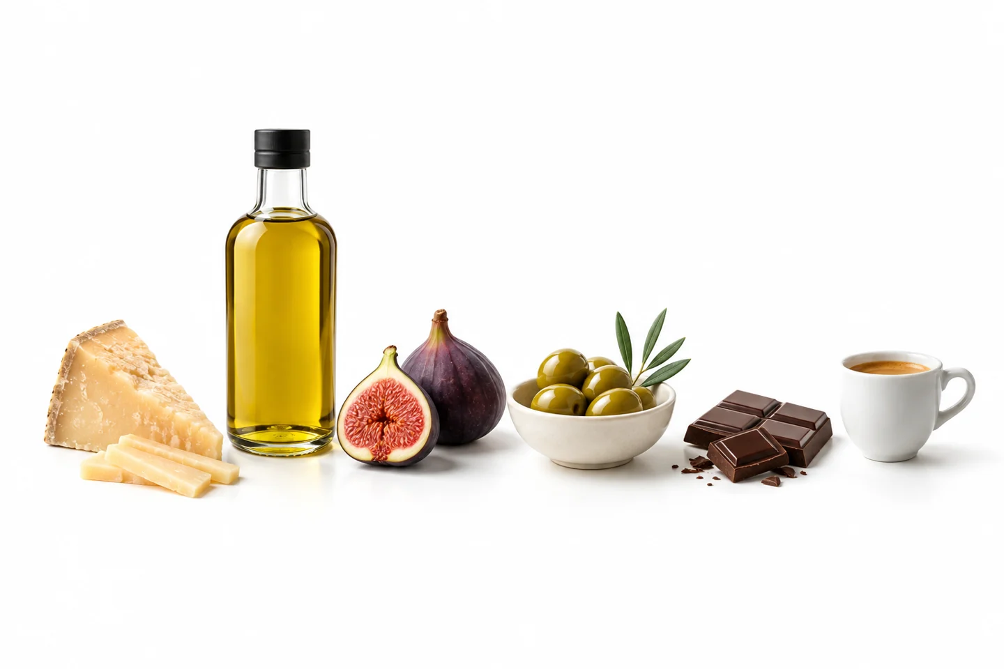Selección editorial sobre blanco de aceite, queso, higos, aceitunas, chocolate y café