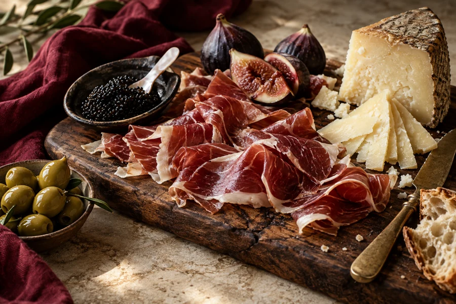 Composición editorial de quesos, ibéricos, higos, aceitunas y caviar