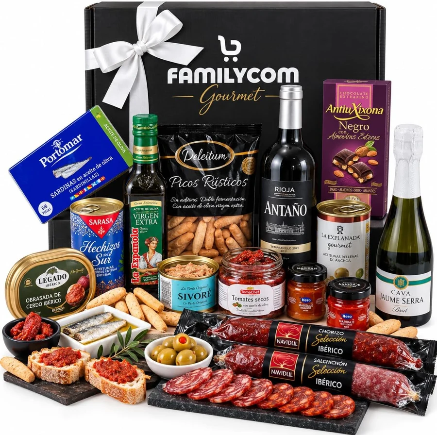 FAMILYCOM Cesta con chocolate, vino y cava