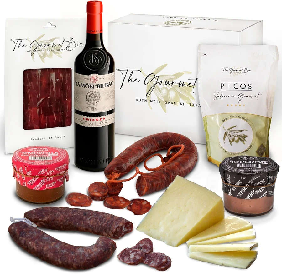 The Gourmet Box Piezas de embutido, queso, patés y vino