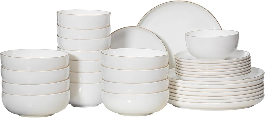 Dinewares Perlaceo blanco con borde dorado de 32 piezas