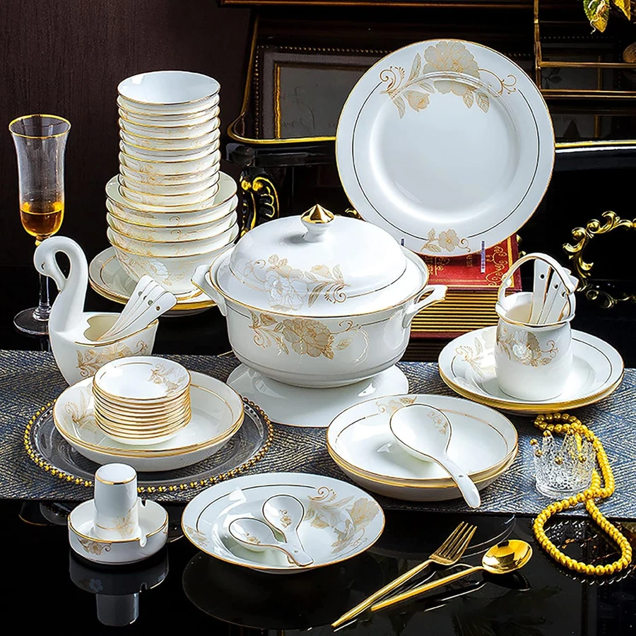 Generic Vajilla blanca de 70 piezas anunciadas con accesorios dorados