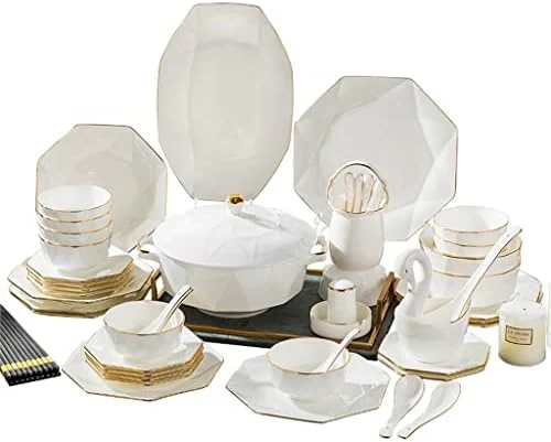 Generic Vajilla octogonal blanca con borde dorado