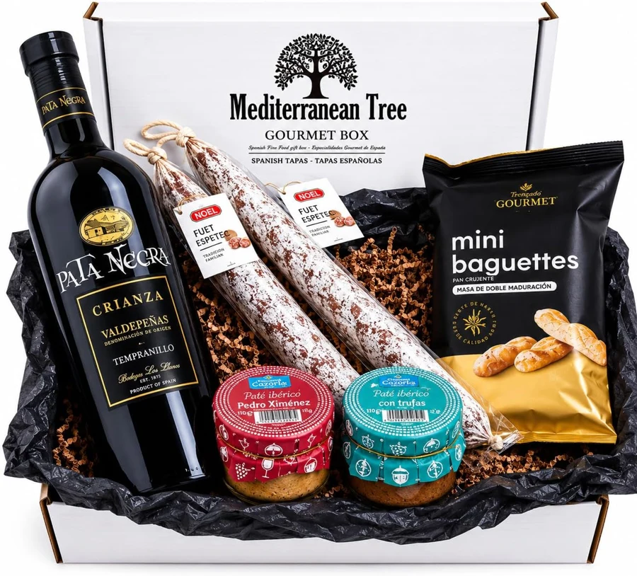 Mediterranean Tree Cesta con vino crianza, fuets y patés