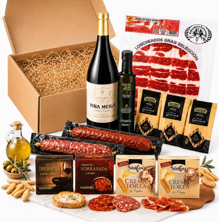ACROL Cesta con jamón, vino, AOVE y cremas