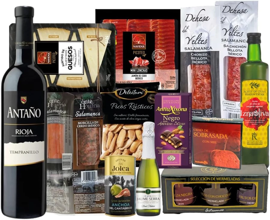 FAMILYCOM Cesta de ibéricos, bombones y vino
