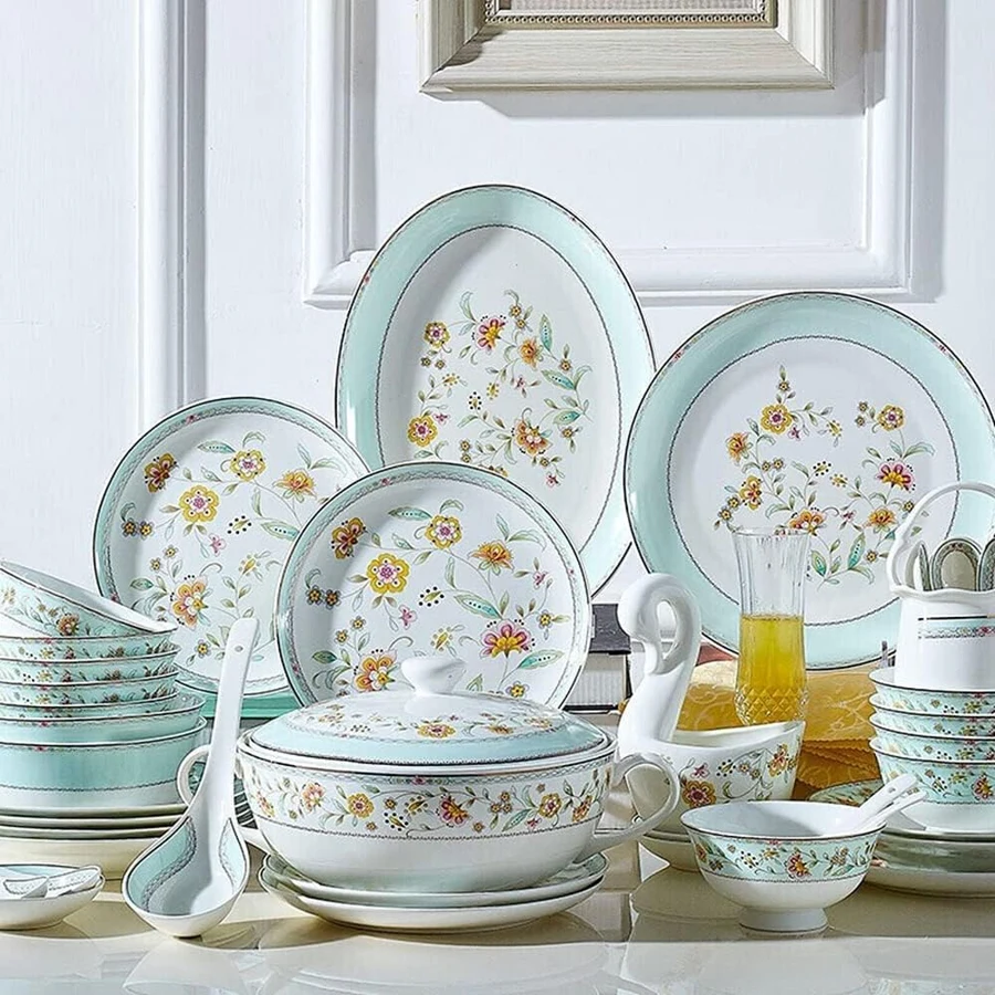 Generic Vajilla floral con bordes verdes, 58 piezas