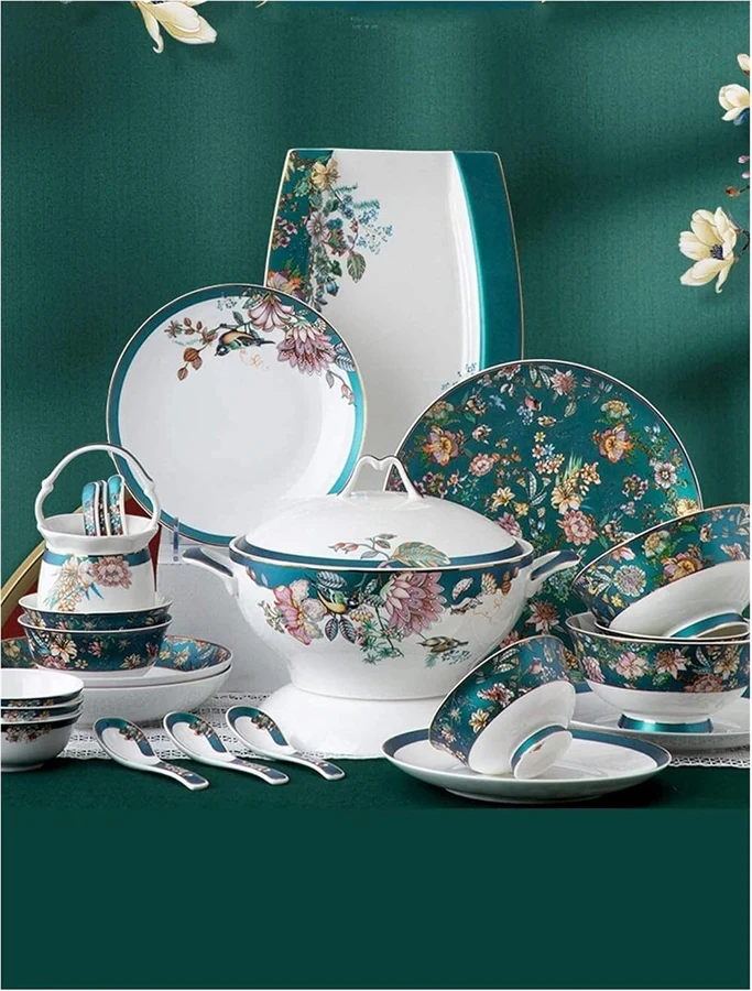 Generic Vajilla floral en verde oscuro y blanco